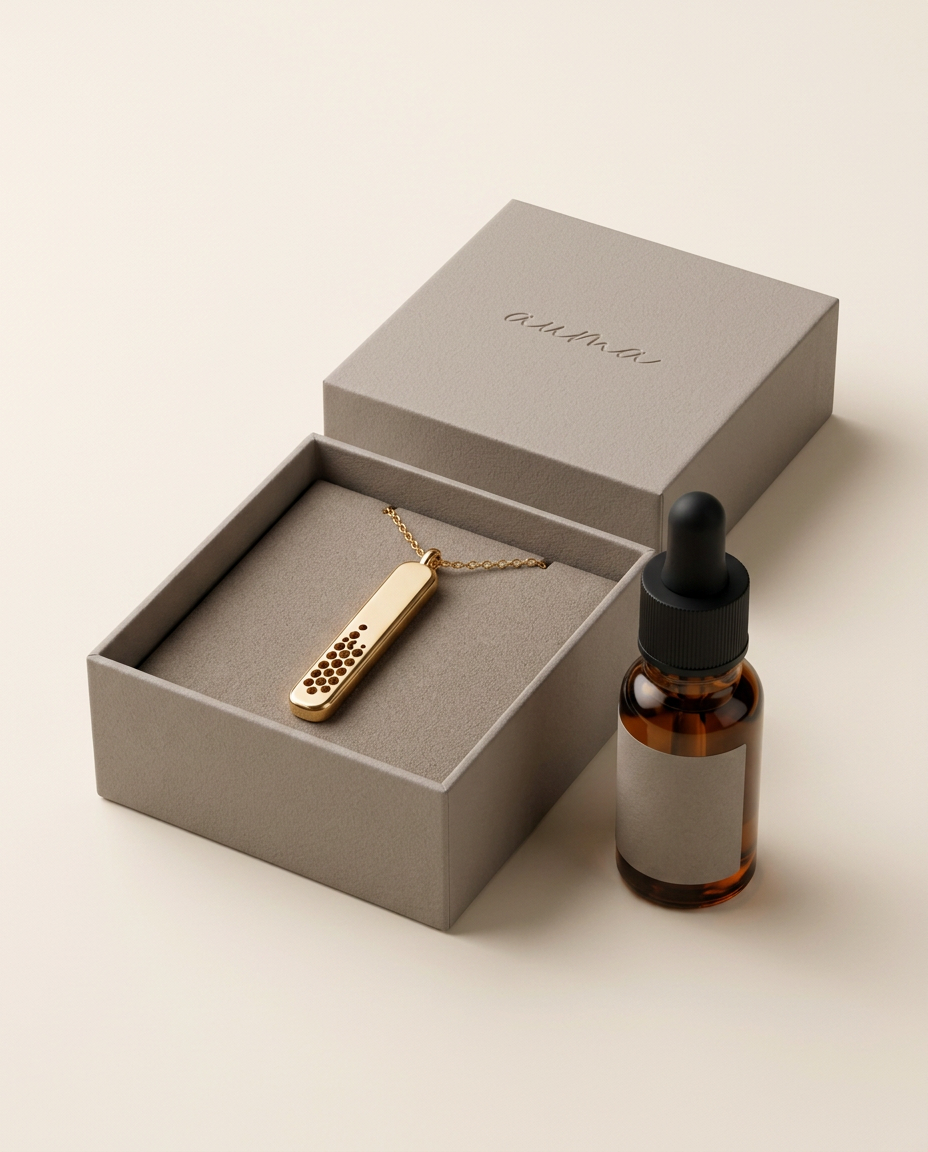 The Auma set arranged on a cream surface